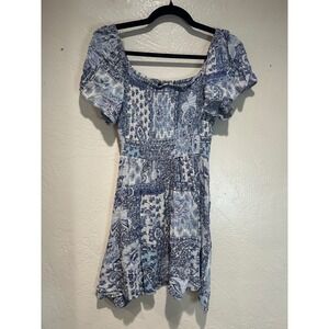 Angie Blue White Paisley Patchwork Smocked Mini Dress Womens Medium Boho